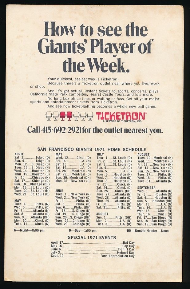1971 Ticketron San Francisco Giants